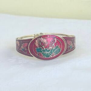 Vtg 80s Cloisonné Enamel Floral Butterfly Bangle Bracelet Hinged Gold Tone